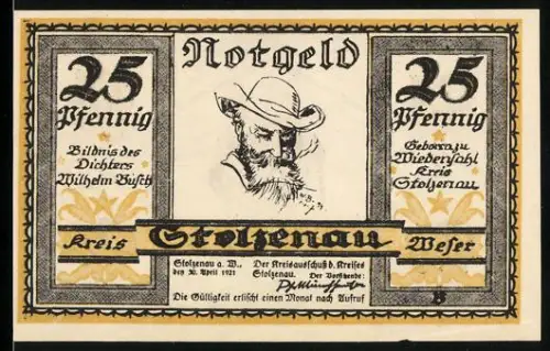 Notgeld Stolzenau /Weser 1921, 25 Pfennig, Porträt des Dichters Wilhelm Busch und humorvolle Zeichnung