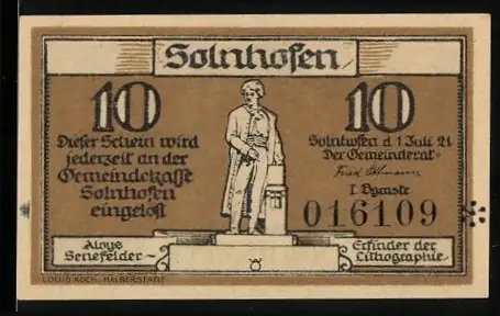 Notgeld Solnhofen 1921, 10 Pfennig, Aloys Senefelder Statue und Solagruft
