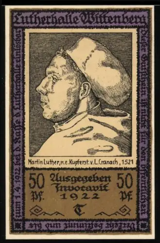 Notgeld Wittenberg 1922, 50 Pf, Martin Luther Porträt von V. L. Cranach, Lutherrose