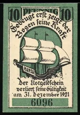 Notgeld Görlitz 1921, 10 Pfennig, Schiff Hansa und Brauerstern