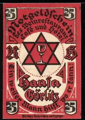 Notgeld Görlitz 1921, 25 Pfennig, Weinstube und Schiffsmotiv, Brauerstern