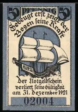 Notgeld Görlitz 1921, 5 Pfennig, Segelschiff und Stern mit Kelch, Brauerstern