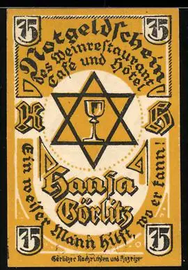 Notgeld Görlitz 1921, 75 Pfennig, Segelschiff mit Schriftzug Hansa und Brauerstern