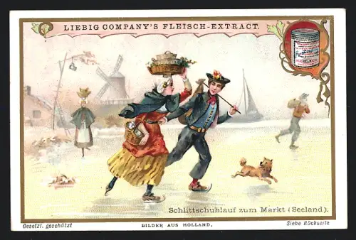 Sammelbild Liebig, Bilder aus Holland, Schlittschuhlauf zum Markt, Seeland