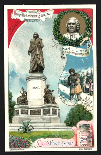 Sammelbild Liebig, Denkmäler berühmter Gelehrter, Karl v. Linné, Linné auf der Reise in Lappland, Denkmal in Stockholm