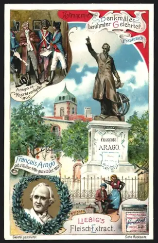 Sammelbild Liebig, Denkmäler berühmter Gelehrter, Francois Arago, Denkmal in Perpignan, Arago in Majorka verhaftet