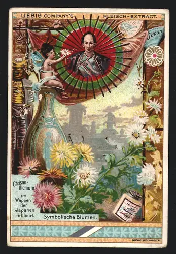 Sammelbild Liebig, Symbolische Blumen, Chrysantheme, In japanischem Wappen stilisiert