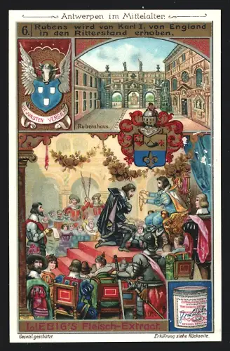 Sammelbild Liebig, Antwerpen im Mittelalter, Rubens wird von Karl I. von England in den Ritterstand erhoben