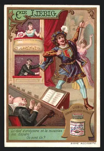Sammelbild Liebig, Suchbild, Le chef d`orchestre et le musicien ont disparu! Où sont ils?