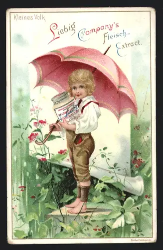 Sammelbild Liebig, Kleines Volk, Junge mit Regenschirm