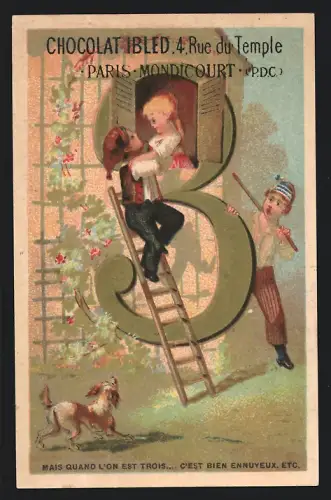 Sammelbild Chocolat Ibled, Paris, Rue du Temple 4, Mann auf einer Leiter am Fenster einer Dame