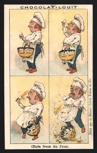Sammelbild Chocolat Louit, Chocolats & Cacaos, Koch lässt einen Korb voller Eier fallen