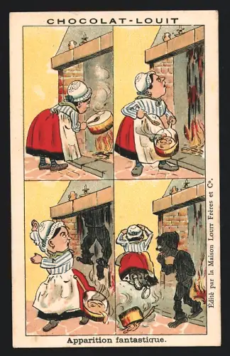 Sammelbild Chocolat Louit, Chocolats & Cacaos, Mann fällt durch den Kamin ins Feuer