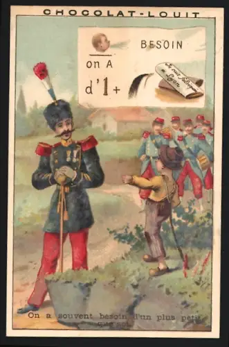 Sammelbild Chocolat Louit, Chocolats & Cacaos, Junge und Soldaten in Uniformen