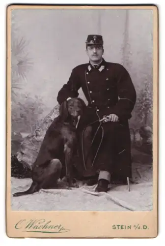 Fotografie C. Wüchner, Stein a. d. D., Soldat in Uniform mit Diensthund