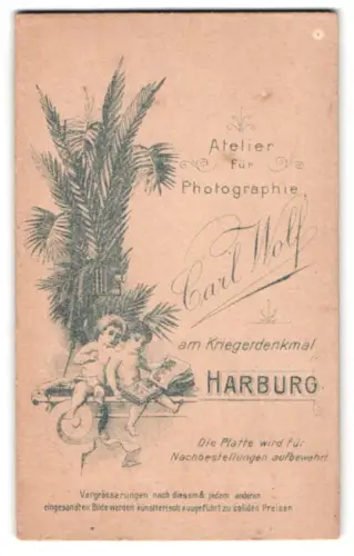 Fotografie Carl Wolf, Harburg, Am Kriegerdenkmal, Putten mit Fotoalbum und Palmenzweigen