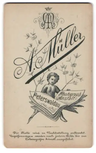 Fotografie A. Müller, Peterswaldau, Putto mit aufgeschlagenem Heft und Blüten