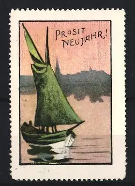 Reklamemarke Prosit Neujahr, Segelboot auf Wasser