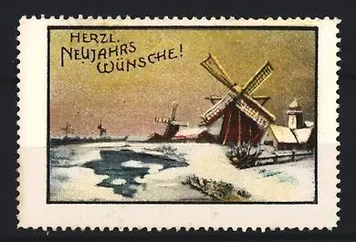 Reklamemarke Herzl. Neujahrswünsche, Winterlandschaft mit Windmühle