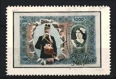 Reklamemarke Prosit Neujahr, Briefträger und Frauenporträt im Geldschein