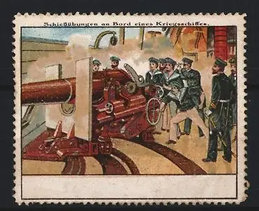 Reklamemarke Schiessübungen an Bord eines Kriegsschiffes, Kanone und Marineoffiziere