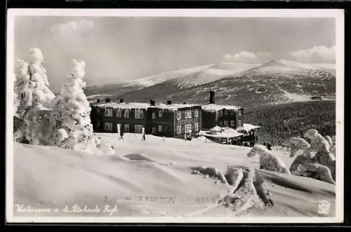 AK Peterbaude mit der kleinen Sturmhaube, Jugendkammhaus und Spindlerbaude im Schnee