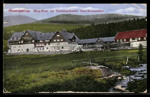 AK Berg-Hotel zur Teichmannbaude, Ober-Krummhübel, Blick den Hang hinauf zum Berghotel