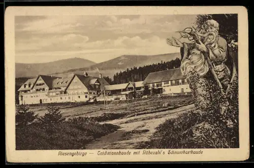 AK Teichmannbaude /Riesengebirge, Ansicht mit Rübezahl`s Schnurrbartbaude