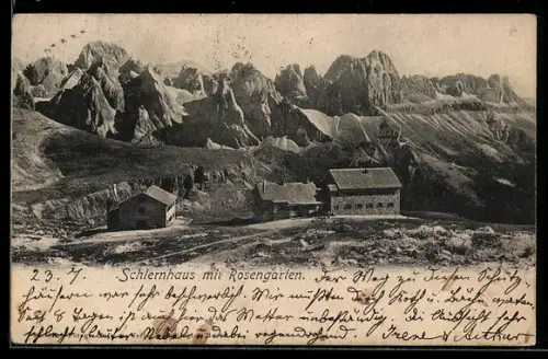 AK Schlernhaus, Ansicht mit Rosengarten
