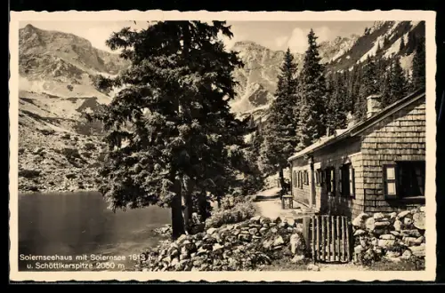 AK Mittenwald, Soiernsee, Soiernseehaus mit Soiernsee und Schöttlkarspitze