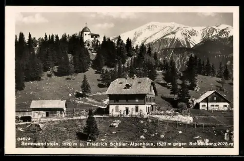 AK Schottwien, Friedrich Schüler-Alpenhaus am Sonnwendstein, Ansicht gegen Schneeberg, Kapelle