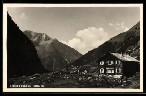 AK Steinbockhaus, Ansicht mit Gästen und Bergpanorama