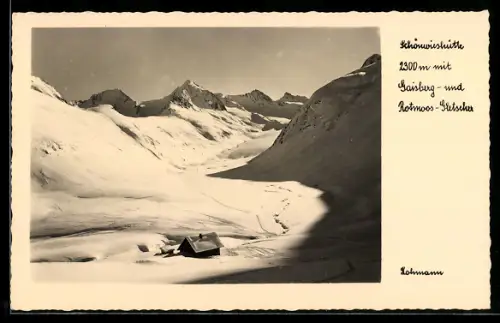 AK Schönwieshütte, Ansicht mit Gaisberg- u. Rotmoos-Gletscher im Winter