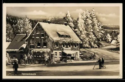 AK Bronsdorf bei Brückenberg, Tannenbaude, Winteransicht mit Skiläufern