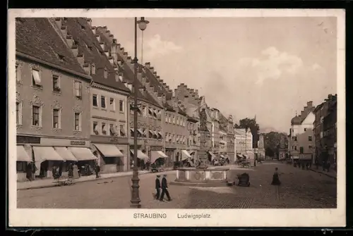 AK Straubing, Ludwigsplatz mit Geschäften und Brunnen