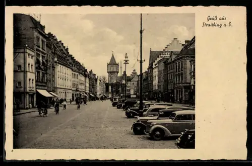 AK Straubing a. D., Strassenpartie mit parkenden Automobilen