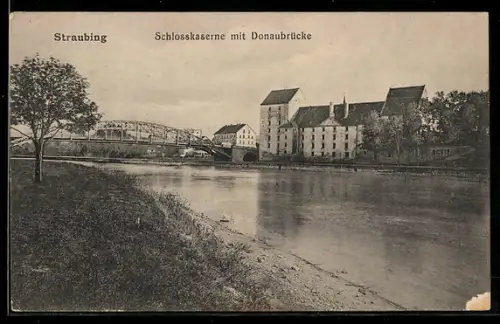 AK Straubing, Schlosskaserne mit Donaubrücke