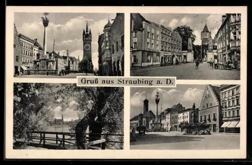 AK Straubing / Donau, Theresienplatz, Marktplatz und Flusspartie
