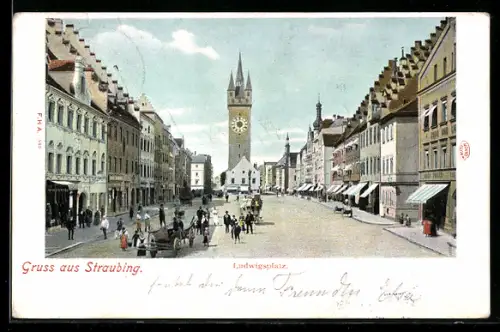 AK Straubing, Blick auf den Ludwigsplatz mit Geschäften und Stadtturm