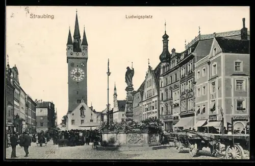 AK Straubing, Ludwigsplatz, Stadtturm, Mariensäule