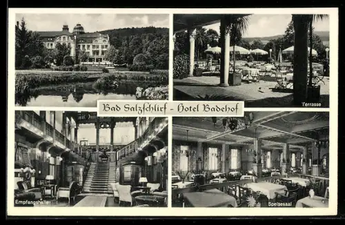 AK Bad Salzschlirf, Hotel Badehof, Terrasse, Speisesaal, Empfangshalle