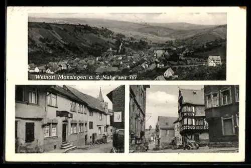 AK Monzingen a. d. Nahe, Gasthaus und Pension zum goldenen Pflug, Hermann Emrich, Totalansicht des Ortes
