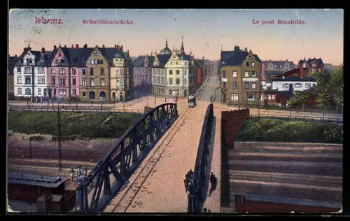 AK Worms, Ansicht der Brünhildenbrücke mit Strassebahn
