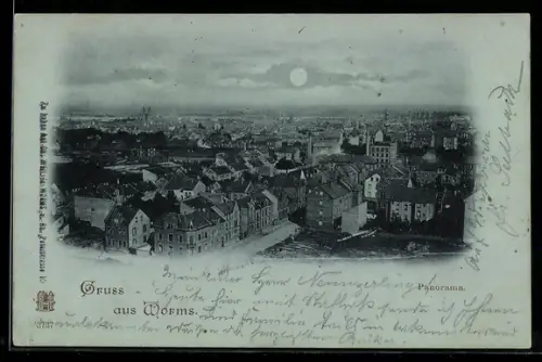 Mondschein-AK Worms, Blick über die Stadt aus der Vogelschau