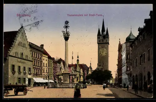 AK Straubing, Theresienplatz mit Stadtturm