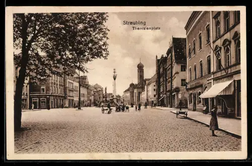 AK Straubing, Theresienplatz mit Geschäften