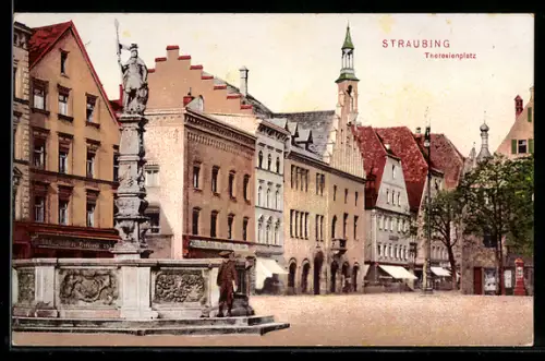 AK Straubing, Theresienplatz mit Geschäften und Brunnen