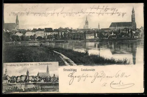 AK Straubing, Totalansicht der Stadt und Ansicht Mitte des 19. Jahrhunderts