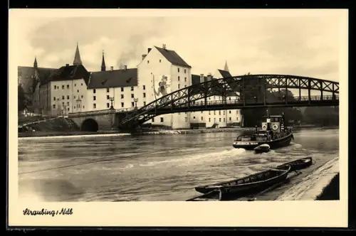 AK Straubing /Ndb., Donaubrücke und Kaserne, Dampfschlepper d. Reederei Wurm aus Irlbach mit ausgebrachter Schlepptrosse