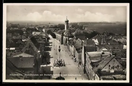 AK Straubing, Theresienplatz mit Dreifaltigkeitssäule und Jesuitenkirche